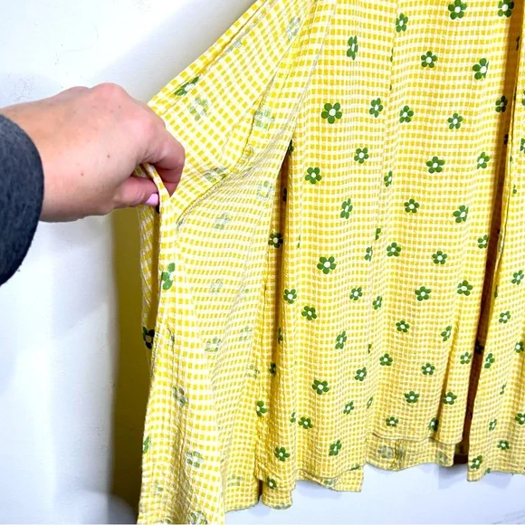 Vintage 90s Flower Power Gingham Maxi Dress Layers Gathers Ties Yellow Stretch S - Picture 4 of 7